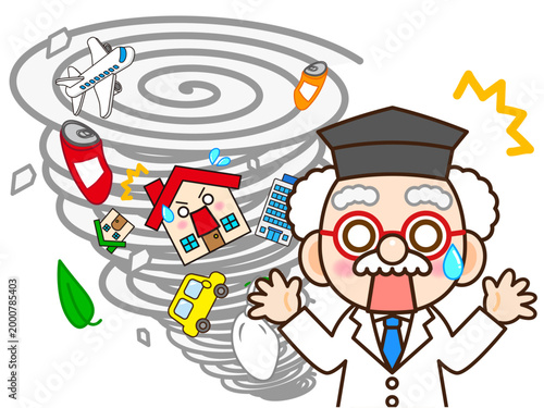 台風に襲われる博士のイラスト素材