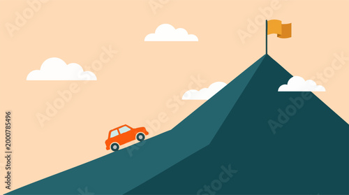 Car climbing steep mountain to flag, symbolic of challenge and success