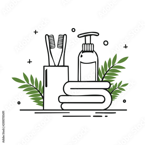 Bathroom hygiene essentials vector illustration with toothbrushes soap dispenser folded towel personal care self care line art flat design white background black and white bathroom toothbrush