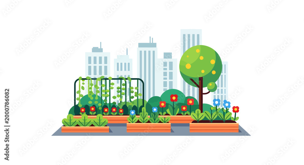 Naklejka premium Urban garden with cityscape background and planters