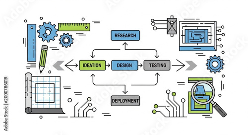 Software development lifecycle diagram with icons and tools.