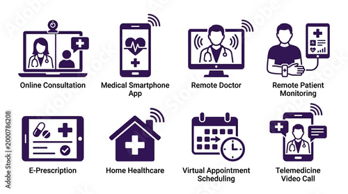 Icons representing various telehealth services including online consultations and e-prescriptions