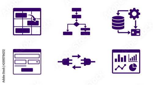 Collection of purple icons representing data flow, process mapping, and analytics in technology