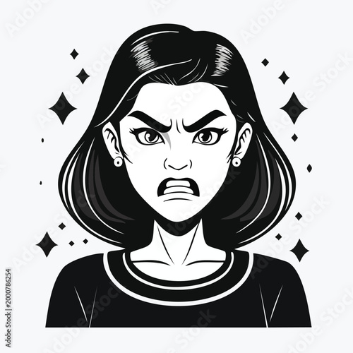 Enraged woman with sparkles demonstrating intense emotion in vector art upper body white background bold lines aggressive lines anger management portrait frowning sparkles displeased