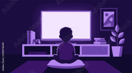 Child's silhouette watching bright TV in a dark room at night