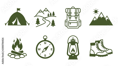 A collection of camping and outdoor adventure icons featuring tents, mountains, and gear