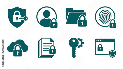 Various security icons representing data protection, user authentication, and privacy measures