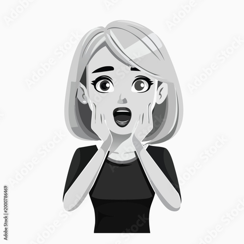 Surprised woman with open mouth and wide eyes gesturing with hands on face facial expression surprise amazement astonishment character illustration portrait astonished frightened unexpected
