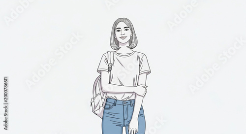 Sketch of a Young Woman with Backpack and Jeans.