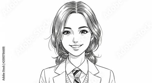 Sketch of a young woman with curly hair and a suit.