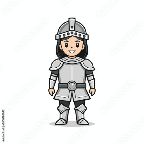 Cute chibi style girl knight character in silver metal plate armor and medieval helmet illustration with middle ages dress up white background medieval character historical protector dress