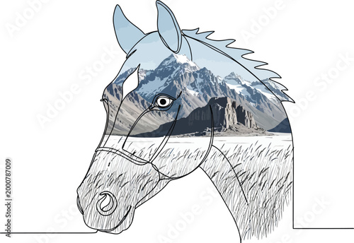 Stylized horse head outline filled with a stunning double exposure landscape of rocky mountains and tall grasses creating a unique artistic piece for modern design projects