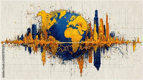Blue And Gold Abstract Urban Skyline Merged With World Globe, Splatter Art Style Cityscape Reflection, Global Business Themed Modern Wall Decor