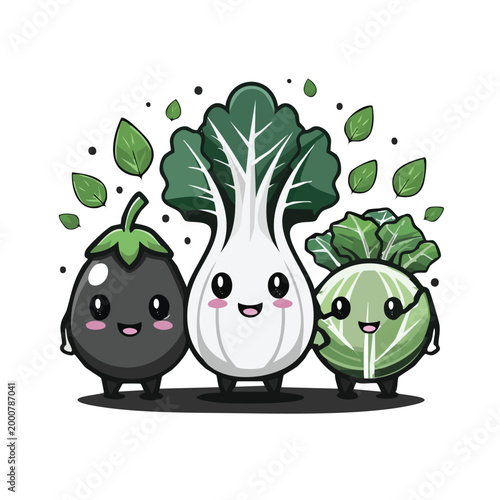 Cute kawaii style vegetable characters with smiling faces including eggplant and cabbage vegetables characters eggplant illustration vegetarian nutrition agriculture culinary vitamins