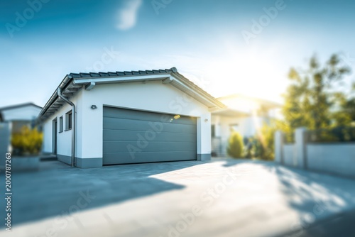 Contemporary detached garage exterior in bright sunlight