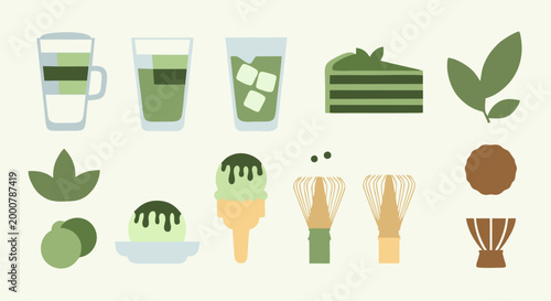Collection of green matcha beverages and tea elements in clean flat vector style, including cups, leaves, and desserts.