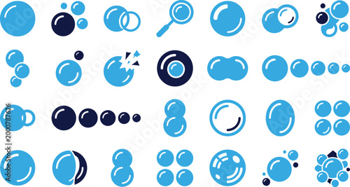 Bubbles icon set with different shapes and arrangements on white background.