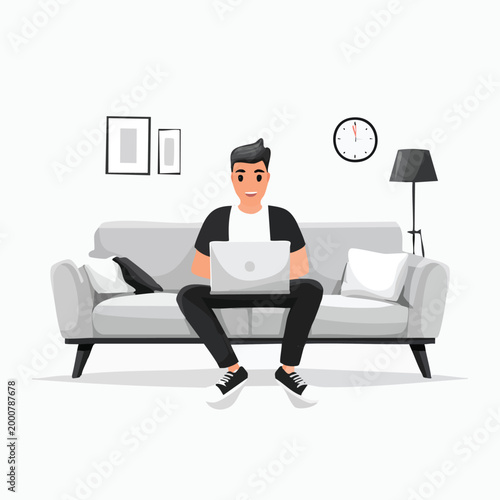 Man working on laptop from home sitting comfortably on a couch in a living room remote work setup with decorative elements like a clock pictures a lamp vector illustration self employed freelancer