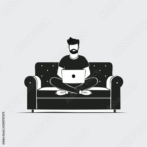 Monochrome vector illustration of a bearded man working on a laptop while sitting cross-legged on a tufted black couch, symbolizing remote work or focused study in a minimalist style, black white