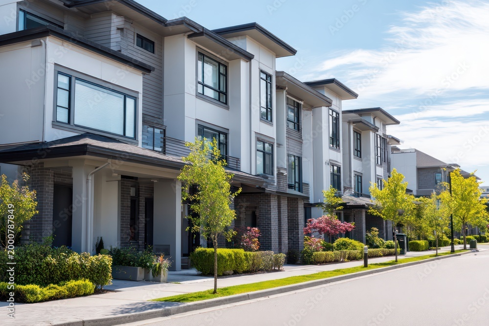 Fototapeta premium Stylish modern townhouse complex exterior and gardens