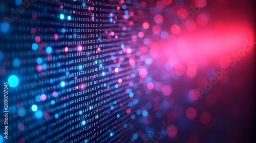 Abstract Digital Data Visualization with Colorful Binary Code and Glowing Bokeh Effects