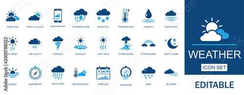 Weather forecast and meteorology icon set. Includes climate change, natural disaster and atmospheric condition elements. Professional for news apps and environmental reporting.