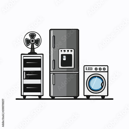 Collection of modern household appliances including refrigerator washing machine fan on cabinet white goods appliance household refrigerator electronics domestic illustration interior