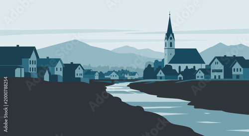 Church Village Illustration with River Landscape.