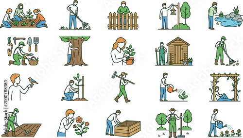 Gardening activities set with people planting watering pruning harvesting and caring for plants in outdoor eco friendly lifestyle scenes