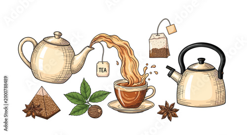 Set of hand drawn tea elements including a teapot pouring tea into a cup, a kettle, tea bags, star anise, and leaves.
