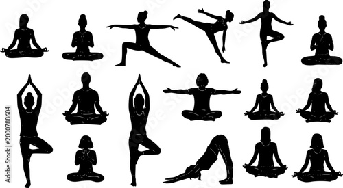 A series of silhouettes of people doing yoga poses. The poses include downward dog, tree pose, and warrior pose. Vector. Silhouette illustration.
