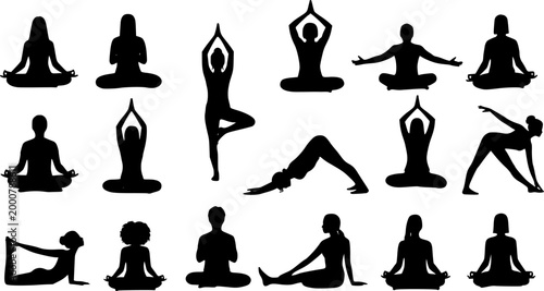 A series of silhouettes of people doing yoga poses. The poses include downward dog, tree pose, and warrior pose. Vector. Silhouette illustration.
