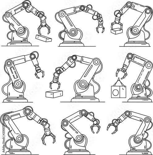 Industrial robotic arms in various positions, technical drawing