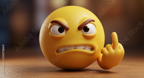 A 3D rendered emoji with an annoyed expression points its finger on a wooden table indoors.