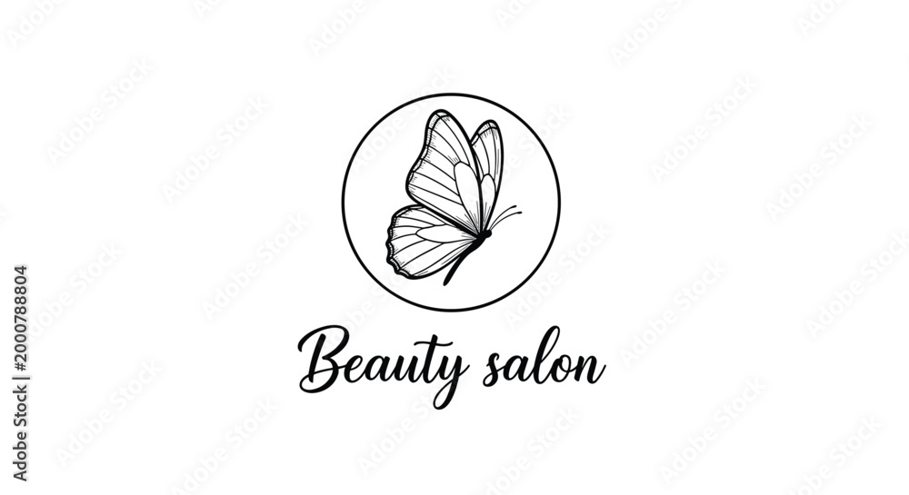 Naklejka premium Elegant logo design for a beauty salon featuring a hand drawn butterfly inside a circle with stylish cursive typography.