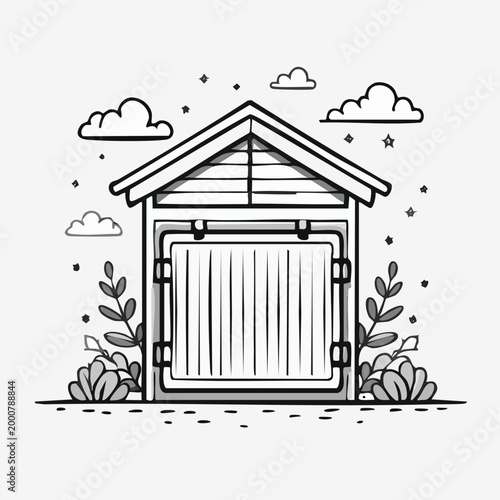 Small backyard garden shed outline vector illustration with backyard building structure exterior architecture outbuilding minimalist property residential construction illustration isolated