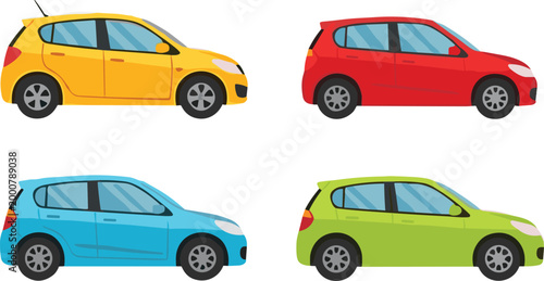 Cartoon hatchback car illustrations featuring yellow, red, blue, and green compact vehicles with tinted windows and black tires