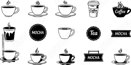 Comprehensive black silhouette vector icon set featuring steaming hot coffee mugs, takeaway cups, tea pots, French press, and breakfast symbols for digital design and cafe branding