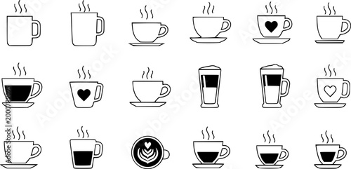 Comprehensive black silhouette vector icon set featuring steaming hot coffee mugs, takeaway cups, tea pots, French press, and breakfast symbols for digital design and cafe branding
