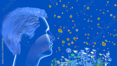 3D illustration of a human head with hair. Highlighting the upper respiratory system (ENT). Next to flowers, plants, and pollen floating in the air that trigger spring allergies. 
