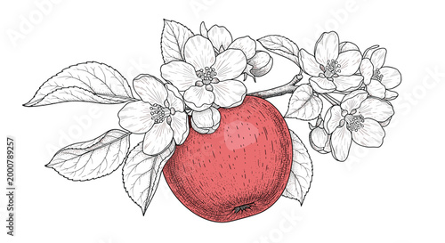 Detailed hand drawn illustration of a ripe red apple on a branch surrounded by delicate white blossoms and green leaves.