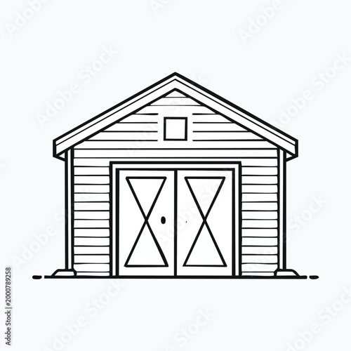 Wooden storage shed with double doors for garden and yard building backyard structure architecture construction exterior outbuilding illustration isolated minimalist suburban landscape
