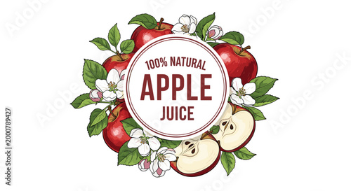 Round label design for 100 percent natural apple juice with a wreath of red apples, green leaves, and white blossoms.