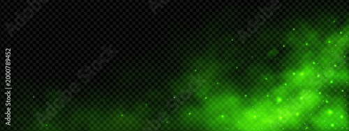 Smoke and smell cloud magic green background for halloween effect. Sparkle and particle poison powder light gas and fog glitter bolt. Nebula of lightning and fire paint dust neon haze and bright