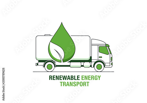 Renewable energy transport truck with green leaf drop symbol