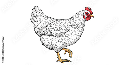 Hand drawn illustration of a white chicken standing on one leg with a red comb and yellow beak on a white background.