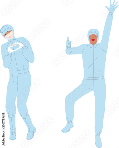 防塵服を着て働く男性と女性。元気で働くイメージのイラスト。