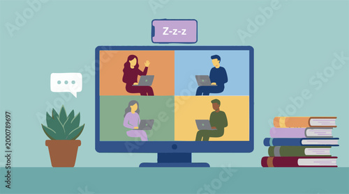 Illustration of online video conference call with sleepy remote workers