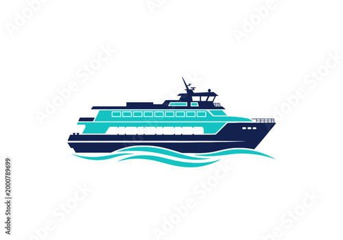 Blue passenger ferry boat sailing on waves vector illustration