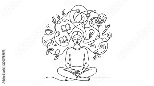Continuous line art of a woman meditating with a busy mind full of ideas.
